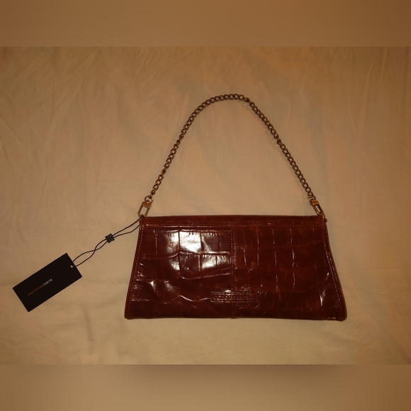 NWT Brown Leather BCBG MaxAzria Crocodile Chantal Clutch Purse Wristlet Gold - Picture 5 of 14